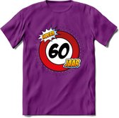 60 Jaar Hoera Verkeersbord T-Shirt | Grappig Verjaardag Cadeau | Dames - Heren | - Paars - XL