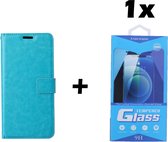 Samsung Galaxy A22 4G Telefoonhoesje - Bookcase - Ruimte voor 3 pasjes - Kunstleer - met 1x Tempered Screenprotector - SAFRANT1 - Turquoise