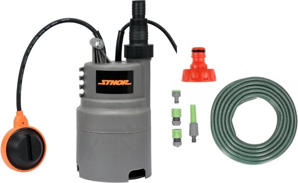 Sthor Dompelpomp 400W 6000l h MET Tuinslang van 15 Meter incl. sproeier en koppelstukken EN YATO Kraanstuk 1