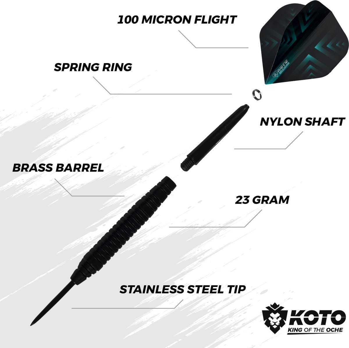 Set De 12 Fléchettes KOTO En Laiton Revêtu Noir 23g - Avec Vols, Shafts Et Étui