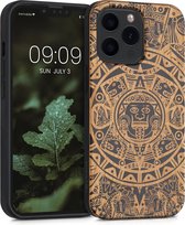 kwmobile telefoonhoesje compatibel met Apple iPhone 13 Pro - Hoesje met bumper in lichtbruin / zwart - kersenhout - Maya Kalender design