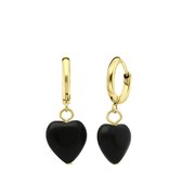 Lucardi Dames Goldplated oorbellen met hart obsidiaan - Oorbellen - Cadeau - Staal - Goudkleurig