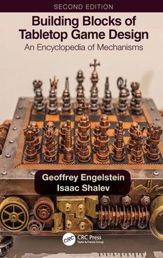Livre 'Building Blocks of Tabletop Game Design' avec des pièces d'échecs style steampunk sur un échiquier orné de rouages et de tuyaux.