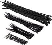 Setje van 200x stuks kabelbinders/tie-wraps zwart 10-15-20-25 cm - Klussen/gereedschap - 3.6 mm breed