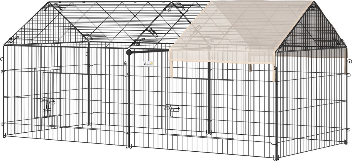 PawHut Buitenverblijf met zonwering konijnenhok konijnenkooi metaal beige D51-077V01 PawHut Buitenverblijf met zonwering konijnenhok konijnenkooi metaal beige D51-077V01