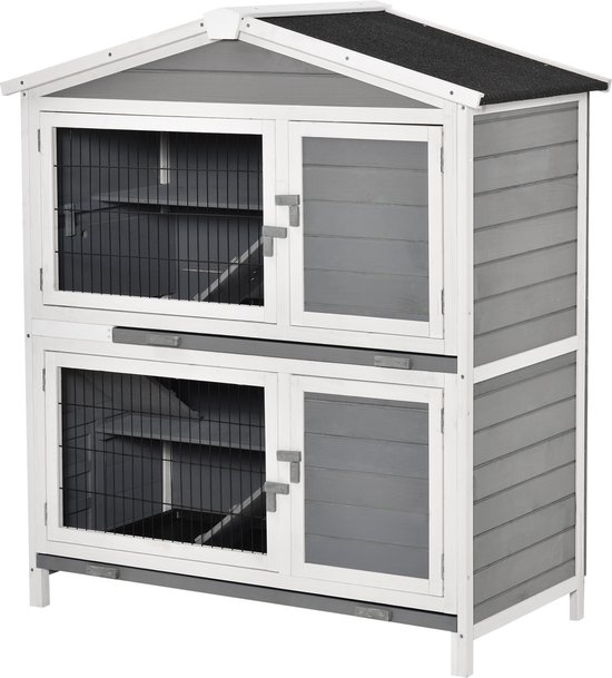 Cage Pour Lapins Intérieure En Bois Sur Roulettes - 2 étages, 3 Portes, 2 Plateaux Amovibles - 94x62x85 Cm - Gris