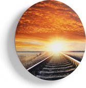 Artaza Houten Muurcirkel - Rails Spoorweg Bij Zonsondergang - Ø 65 cm - Multiplex Wandcirkel - Rond Schilderij