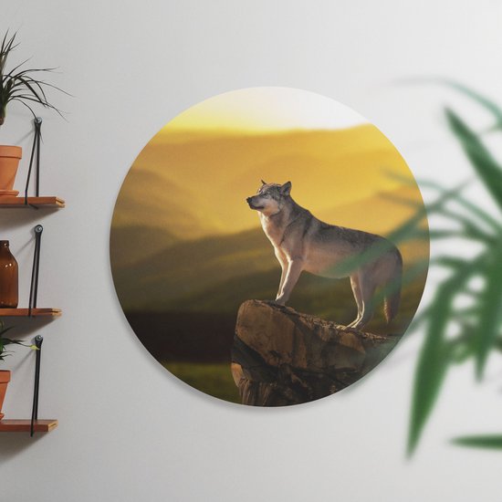 Artaza Cercle mural Dibond Loup sur un rocher avec un paysage de colline - Ø 60 cm - Cercle mural - Peinture ronde - Pour intérieur et extérieur