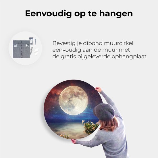 Artaza Dibond Cercle Mural Pleine Lune dans le Ciel au-dessus de l' Water - Ø 70 cm - Cercle Mural - Tableau Rond - Pour Intérieur et Extérieur