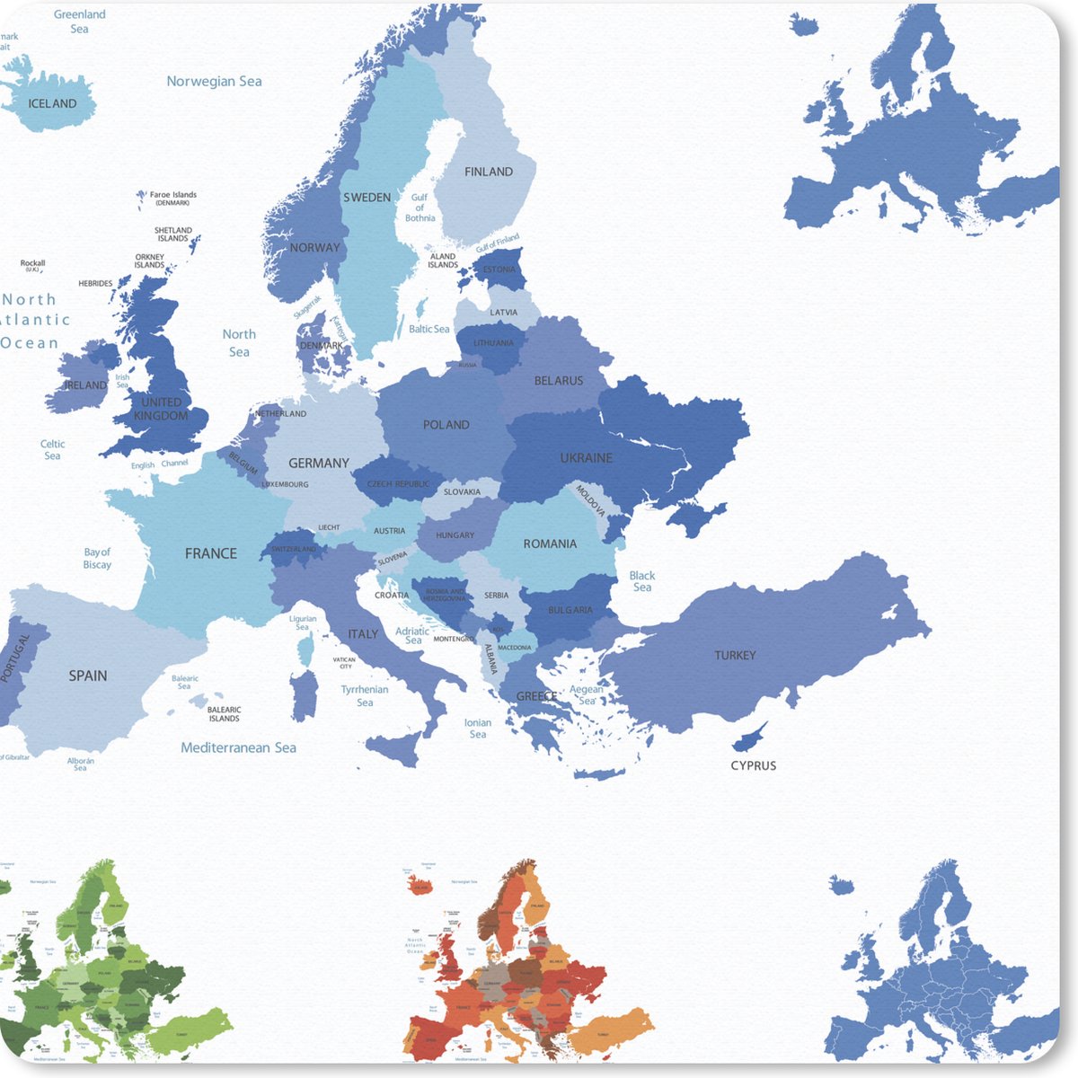Muismat - Mousepad - Kaart - Europa - Blauw - 30x30 cm - Muismatten