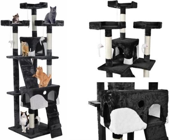 Tectake - Krabpaal Lilou 165cm - Met Kattenhuisje - Zwart