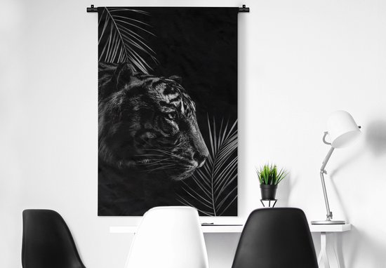 Tapisserie murale - Tissu mural - Flanc d'un tigre fond noir avec branches - noir et blanc - 90x135 cm - Tapisserie
