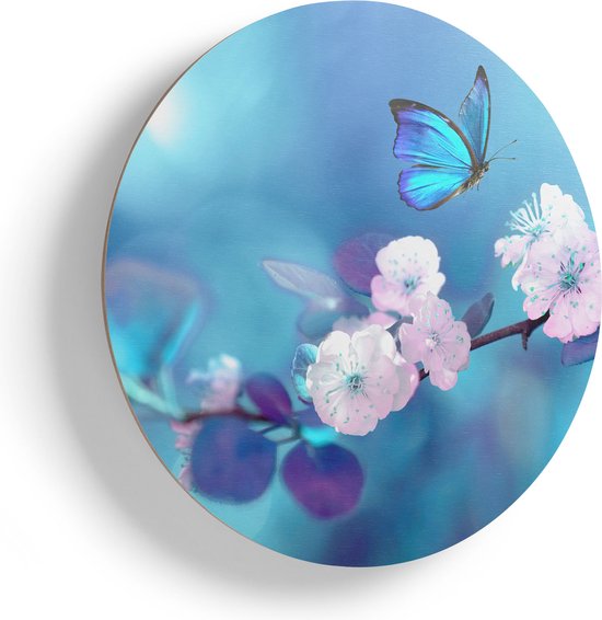 Artaza Houten Muurcirkel - Blauwe Vlinder Bij Een Roze Bloem  - Ø 75 cm - Multiplex Wandcirkel - Rond Schilderij
