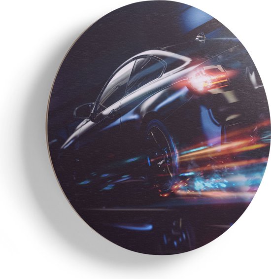 Artaza Houten Muurcirkel - Zwarte Raceauto - Abstract - Ø 80 cm - Groot - Multiplex Wandcirkel - Rond Schilderij