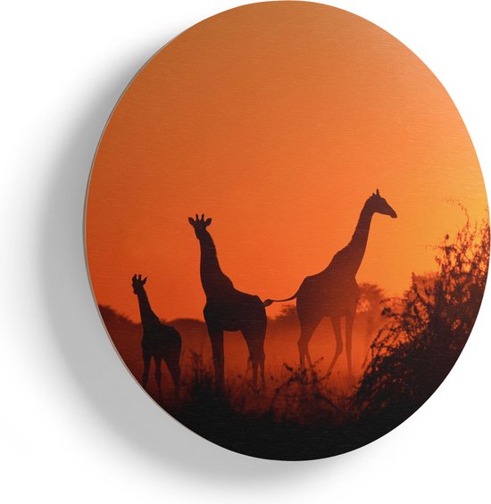 Artaza Houten Muurcirkel - Drie Giraffe Silhouetten Bij Zonsondergang - Ø 85 cm - Groot - Multiplex Wandcirkel - Rond Schilderij