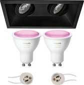 Pragmi Zano Pro - Inbouw Rechthoek Dubbel - Mat Zwart - Kantelbaar - 185x93mm - Philips Hue - LED Spot Set GU10 - White and Color Ambiance - Bluetooth - BES LED