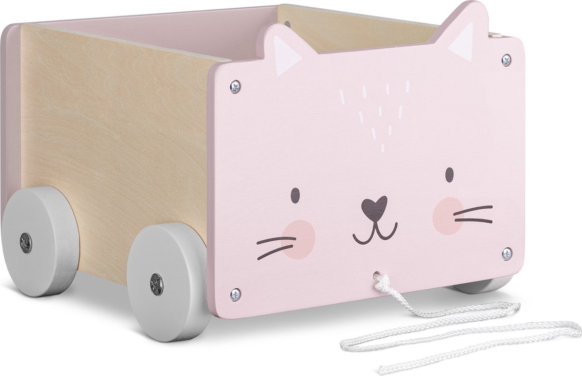Navaris houten speelgoedkist op wielen - Opbergbox voor speelgoed - Inclusief touw om te trekken - Kist van hout - Kat 25,5 x 24 x 20 cm - Roze