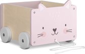 Navaris houten speelgoedkist op wielen - Opbergbox voor speelgoed - Inclusief touw om te trekken - Kist van hout - Kat 25,5 x 24 x 20 cm - Roze