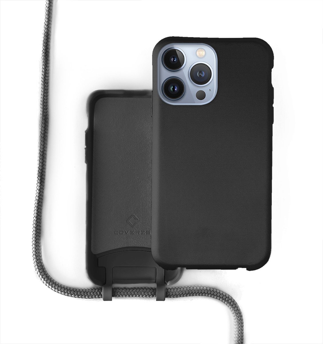 Coverzs Silicone case met koord - Telefoonhoesje met koord - Backcover hoesje met koord - touwtje - geschikt voor Apple iPhone 13 Pro Max - zwart