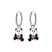Zilveren oorringen met hanger, panda met roze hart met kristallen