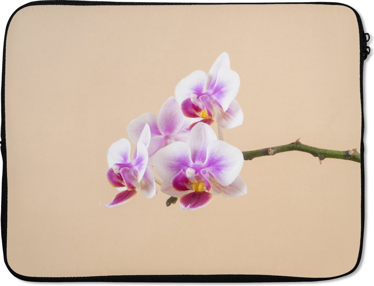 Laptophoes 15.6 inch - Witte en roze orchidee - Laptop sleeve - Binnenmaat 37x26 cm - Zwarte achterkant