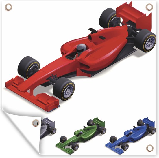 Verschillend gekleurde racewagens uit de Formule 1 in een tekening