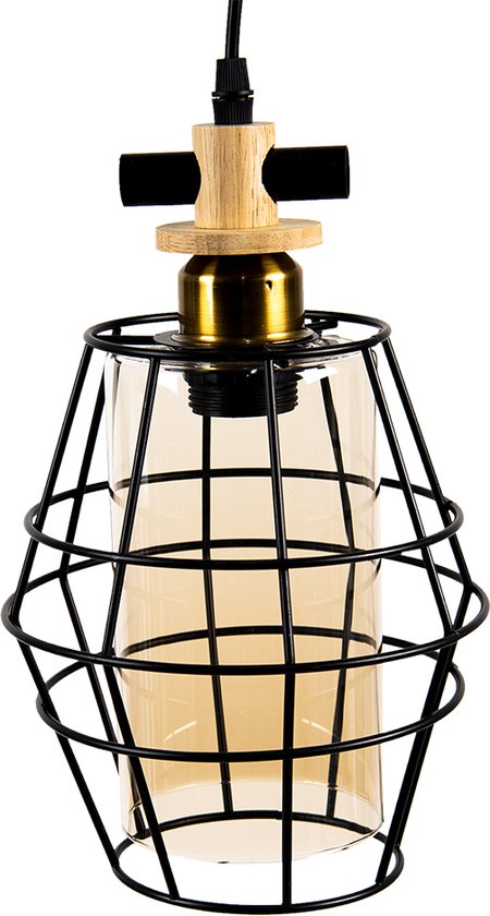 Clayre & Eef Hanglamp 18x18x31 cm Zwart Metaal Glas Hanglamp Eettafel