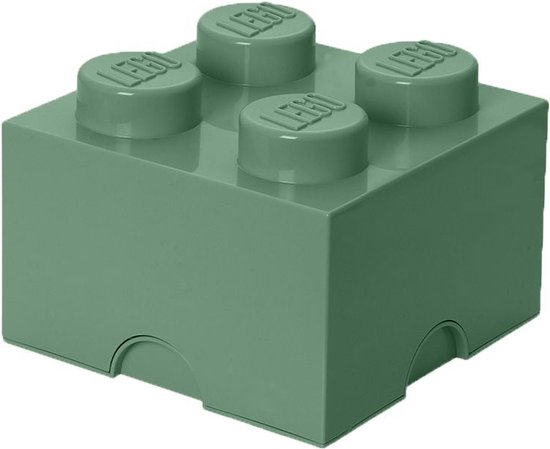 Groene LEGO opbergdoos met vier noppen op een witte achtergrond.