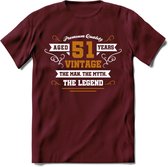 51 Jaar Legend T-Shirt | Goud - Wit | Grappig Verjaardag en Feest Cadeau Shirt | Dames - Heren - Unisex | Tshirt Kleding Kado | - Burgundy - M