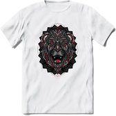 Leeuw - Dieren Mandala T-Shirt | Rood | Grappig Verjaardag Zentangle Dierenkop Cadeau Shirt | Dames - Heren - Unisex | Wildlife Tshirt Kleding Kado | - Wit - XXL