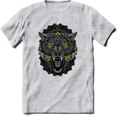 Wolf - Dieren Mandala T-Shirt | Groen | Grappig Verjaardag Zentangle Dierenkop Cadeau Shirt | Dames - Heren - Unisex | Wildlife Tshirt Kleding Kado | - Licht Grijs - Gemaleerd - S