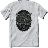 Wolf - Dieren Mandala T-Shirt | Aqua | Grappig Verjaardag Zentangle Dierenkop Cadeau Shirt | Dames - Heren - Unisex | Wildlife Tshirt Kleding Kado | - Licht Grijs - Gemaleerd - M