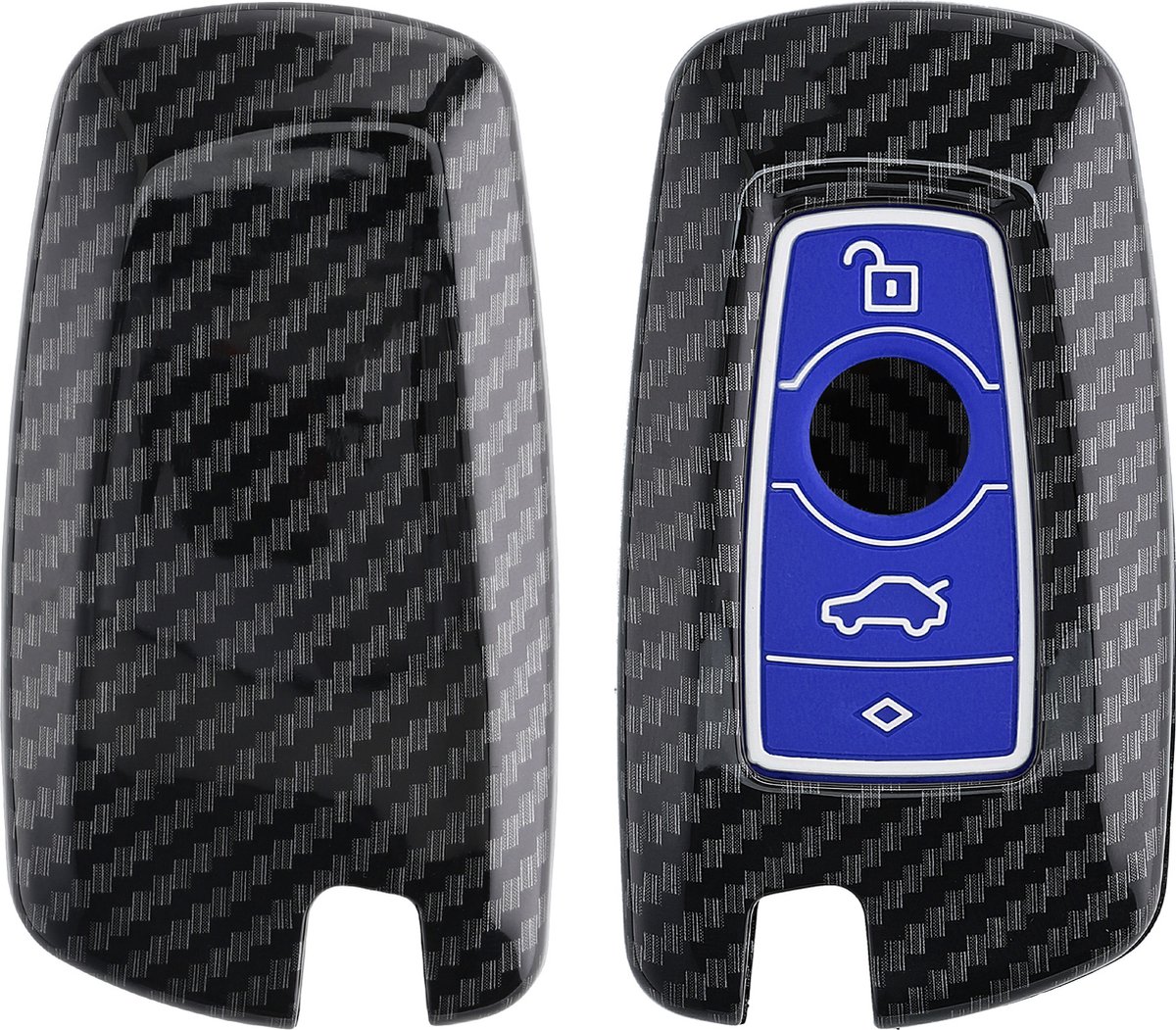 kwmobile hoes voor autosleutel geschikt voor BMW 3-knops draadloze autosleutel (alleen Keyless Go) - Autosleutelbehuizing in blauw / zwart - Carbon design