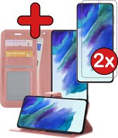 Samsung S21 FE Hoesje Book Case Hoes Portemonnee Cover Met 2x Screenprotector - Samsung Galaxy S21 FE Case Hoesje Wallet Case - Rose Goud