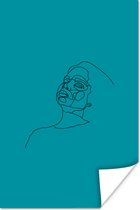 Art Line illustration visage féminin sur un papier d'affiche de fond bleu 40x60 cm - Impression photo sur l' affiche (décoration murale salon / chambre à coucher)