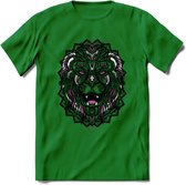 Leeuw - Dieren Mandala T-Shirt | Roze | Grappig Verjaardag Zentangle Dierenkop Cadeau Shirt | Dames - Heren - Unisex | Wildlife Tshirt Kleding Kado | - Donker Groen - XL