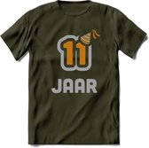 11 Jaar Feest T-Shirt | Goud - Zilver | Grappig Verjaardag Cadeau Shirt | Dames - Heren - Unisex | Tshirt Kleding Kado | - Leger Groen - S