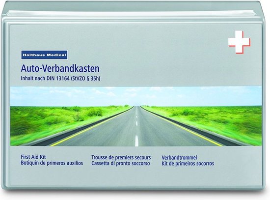 Holthaus Medical auto-verbandskast met witte kruis en tekst "Auto-Verbandskasten".