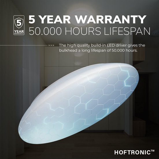 Witte, ronde plafondlamp met honingraatpatroon. 5 jaar garantie, 50.000 uur levensduur, dimbaar, CCT instelbaar.