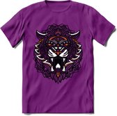Tijger - Dieren Mandala T-Shirt | Oranje | Grappig Verjaardag Zentangle Dierenkop Cadeau Shirt | Dames - Heren - Unisex | Wildlife Tshirt Kleding Kado | - Paars - XL