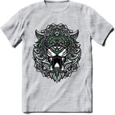 Tijger - Dieren Mandala T-Shirt | Groen | Grappig Verjaardag Zentangle Dierenkop Cadeau Shirt | Dames - Heren - Unisex | Wildlife Tshirt Kleding Kado | - Licht Grijs - Gemaleerd -