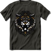Tijger - Dieren Mandala T-Shirt | Geel | Grappig Verjaardag Zentangle Dierenkop Cadeau Shirt | Dames - Heren - Unisex | Wildlife Tshirt Kleding Kado | - Donker Grijs - 3XL