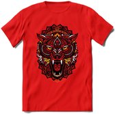 Wolf - Dieren Mandala T-Shirt | Geel | Grappig Verjaardag Zentangle Dierenkop Cadeau Shirt | Dames - Heren - Unisex | Wildlife Tshirt Kleding Kado | - Rood - XL