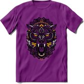 Wolf - Dieren Mandala T-Shirt | Geel | Grappig Verjaardag Zentangle Dierenkop Cadeau Shirt | Dames - Heren - Unisex | Wildlife Tshirt Kleding Kado | - Paars - XL