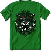 Tijger - Dieren Mandala T-Shirt | Rood | Grappig Verjaardag Zentangle Dierenkop Cadeau Shirt | Dames - Heren - Unisex | Wildlife Tshirt Kleding Kado | - Donker Groen - 3XL
