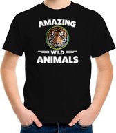 T-shirt tijger - zwart - kinderen - amazing wild animals - cadeau shirt tijger / tijgers liefhebber M (134-140)