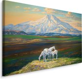Schilderij - Paarden met op de achtergrond Bergen, Premium Print