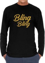 Bling bling longsleeve zwart met gouden glitter tekst heren - Glitter en Glamour goud party kleding shirt met lange mouwen XL