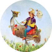 Muurcirkel - Wandcirkel - Vogelaar, jongen op struisvogel op avontuur in sprookjes setting - Kinderschilderij  - Dibond - ⌀ 50 cm - Binnen en Buiten - Incl. ophangsysteem