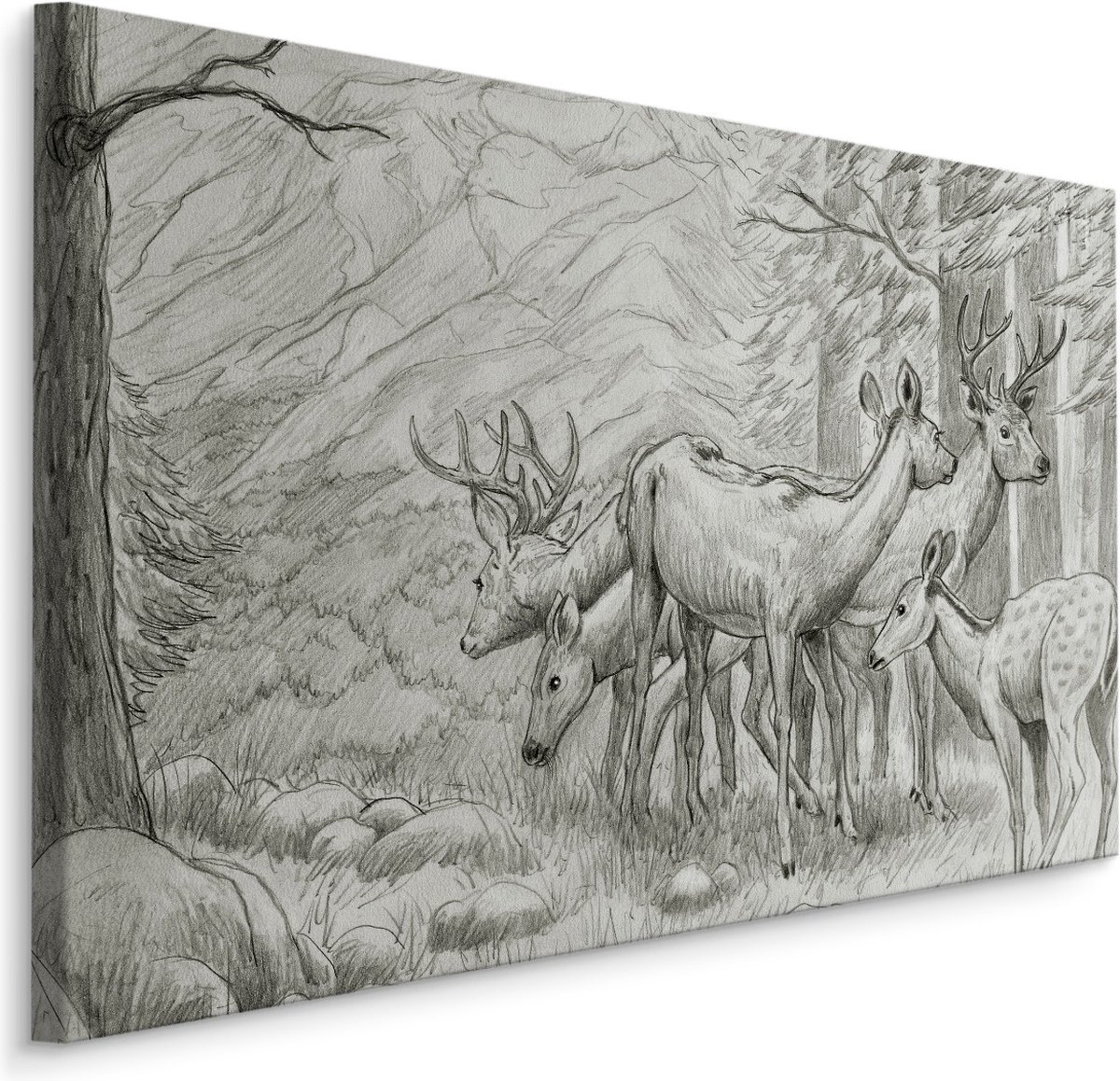 karo-art Schilderij - Prachtige Tekening van Herten, premium Print op Canvas Multikleur